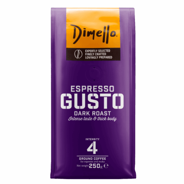 Espresso Gusto dark roast ground coffee with intensity rating of 4