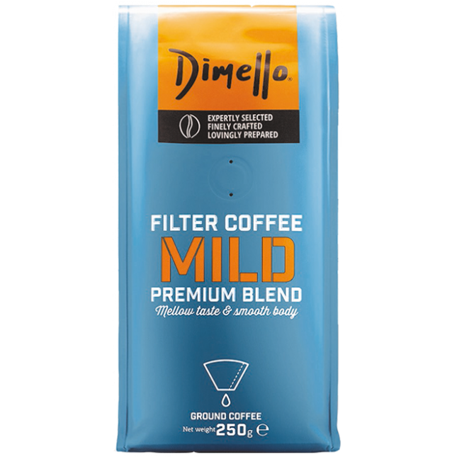 Mild ground filter coffee with a mellow taste in 250 gram pack from Dimello